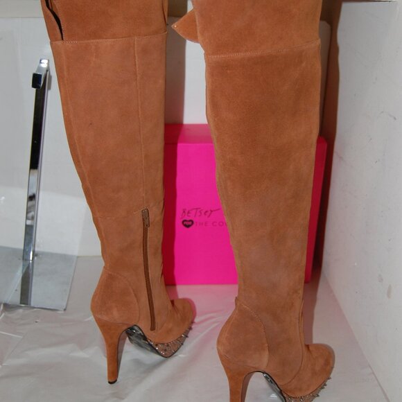 7.5❤️Betsey Johnson Suede Oiled Leather Over the Knee High Heels Platform BOOTS - Picture 7 of 12